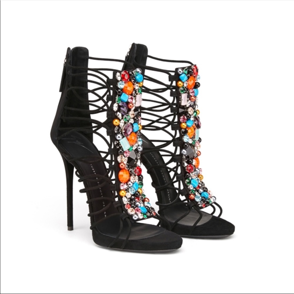 Giuseppe Black suede heels W/colorful rhinestones